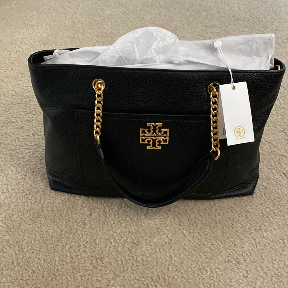 Black/gold hardware Tory Burch Britten Satchel with crossbody strap 2 pockets
